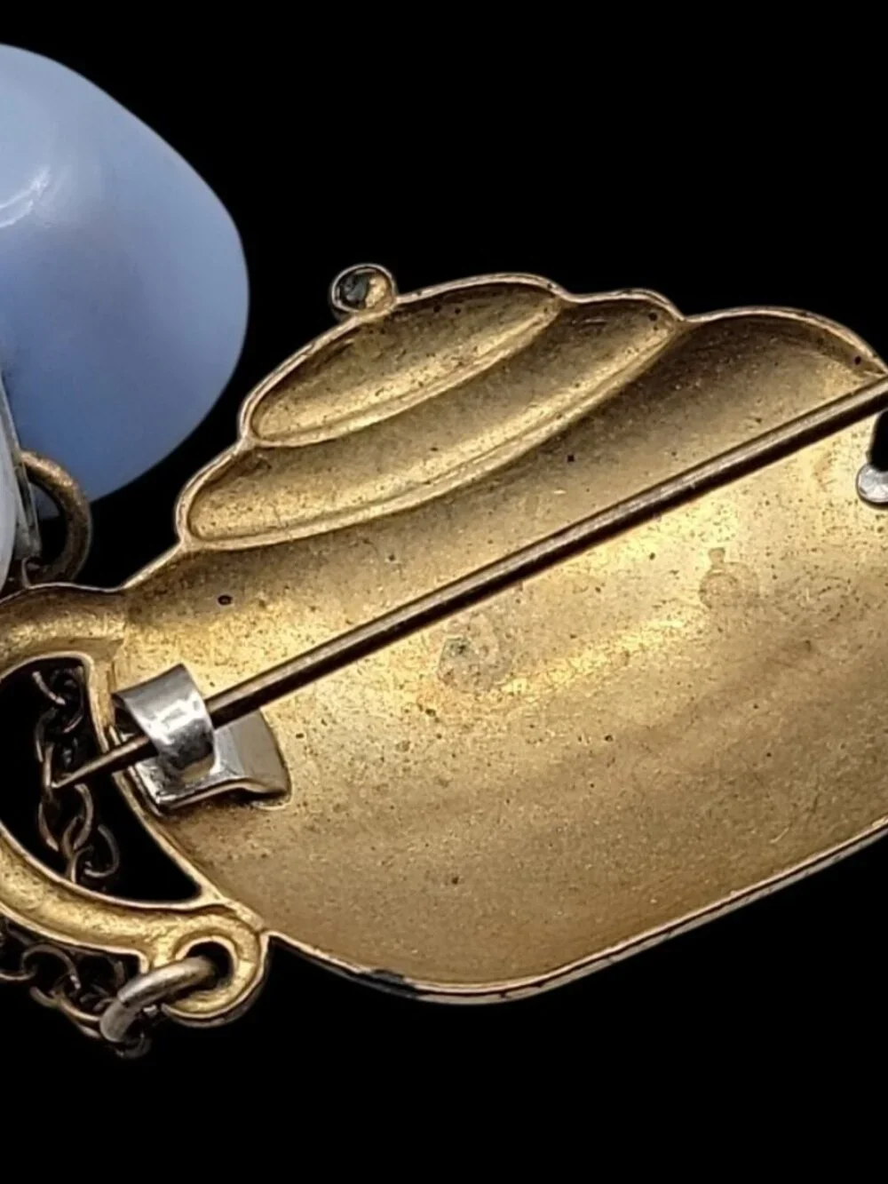 Antique T-4-2 Celluloid Brooch Teapot w/Dangling Teacups Blue Gold Tone C-Clasp